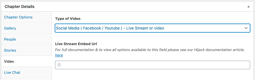 video options for adding a live stream